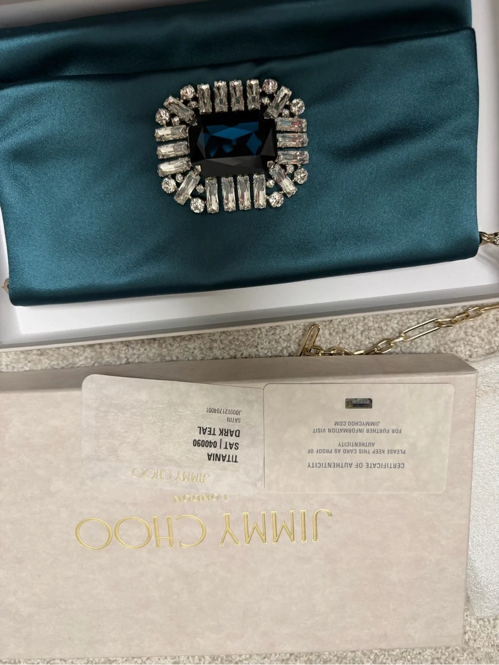 Jimmy Choo Teal Satin Evening Clutch with Crystal Brooch and Gold Chain